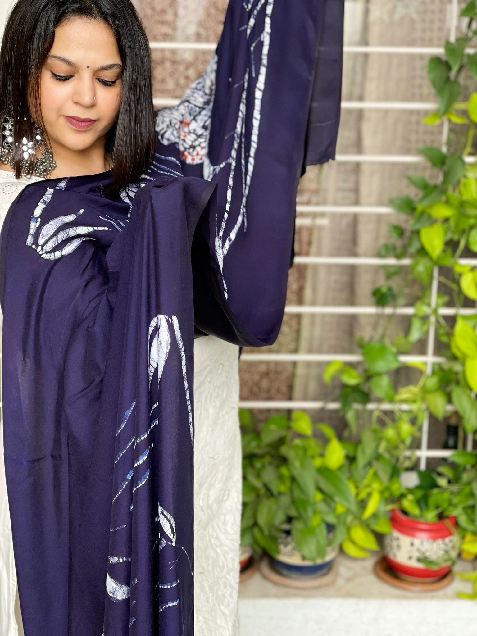 Handpainted & Batik Hand Dyed Dupatta in Modal Silk - Masakalee