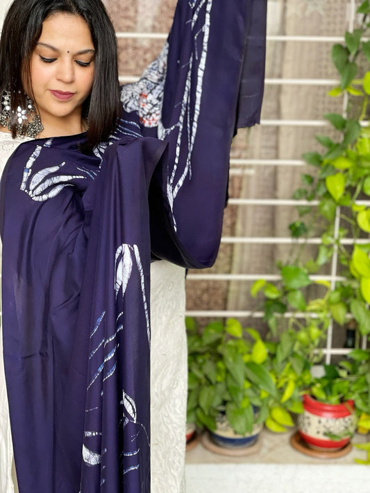 Handpainted & Batik Hand Dyed Dupatta in Modal Silk - Masakalee