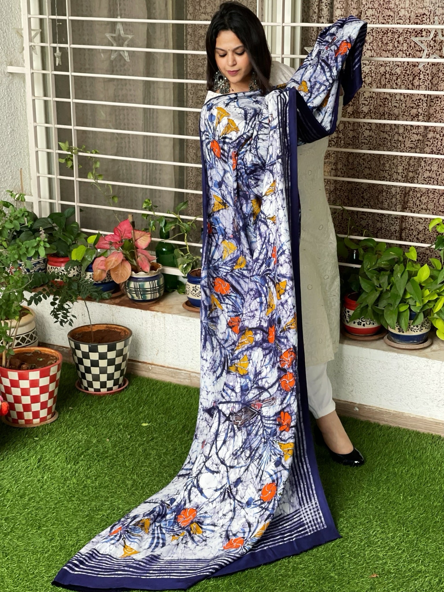Handpainted & Batik Hand Dyed Dupatta in Modal Silk - Masakalee