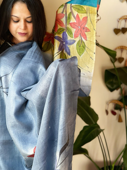Handpainted Dupatta in Tussar Silk - Masakalee