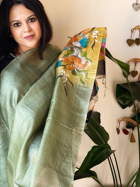 Handpainted Dupatta in Tussar Silk - Masakalee