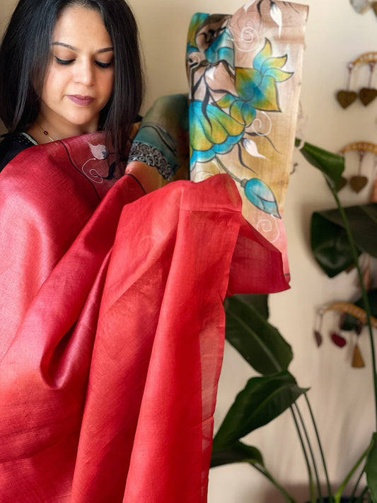 Handpainted Dupatta in Tussar Silk - Masakalee