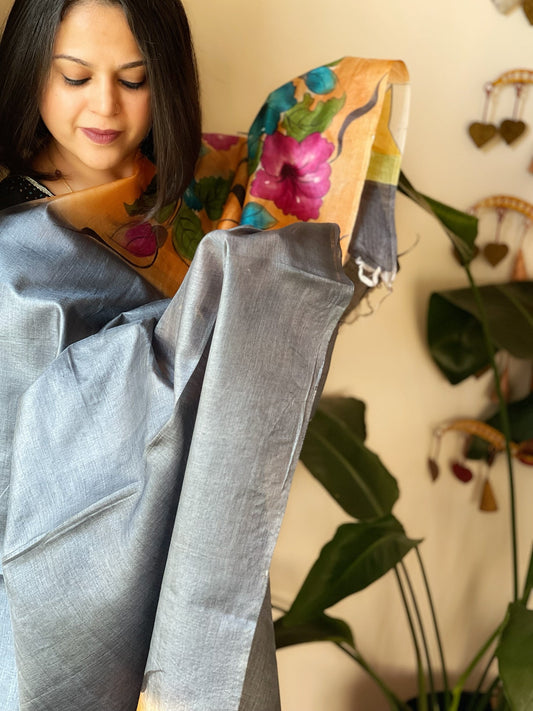 Handpainted Dupatta in Tussar Silk - Masakalee