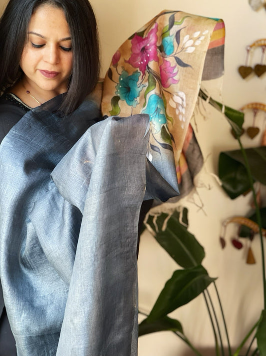 Handpainted Dupatta in Tussar Silk - Masakalee