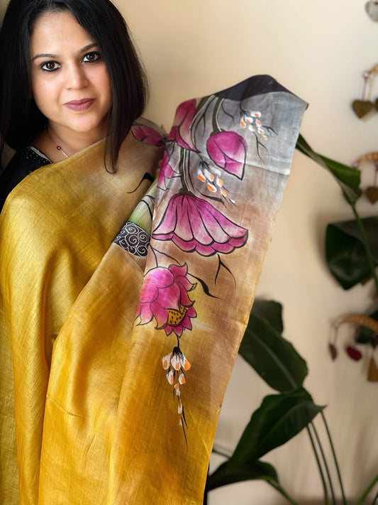 Handpainted Dupatta in Tussar Silk - Masakalee