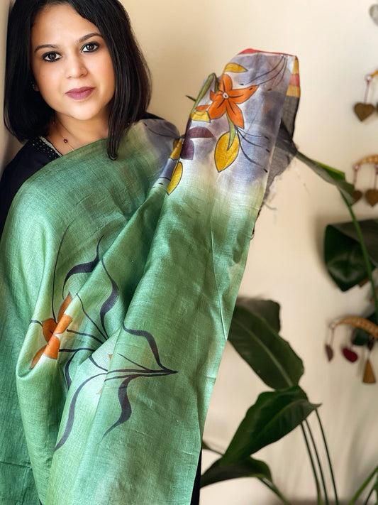 Handpainted Dupatta in Tussar Silk - Masakalee