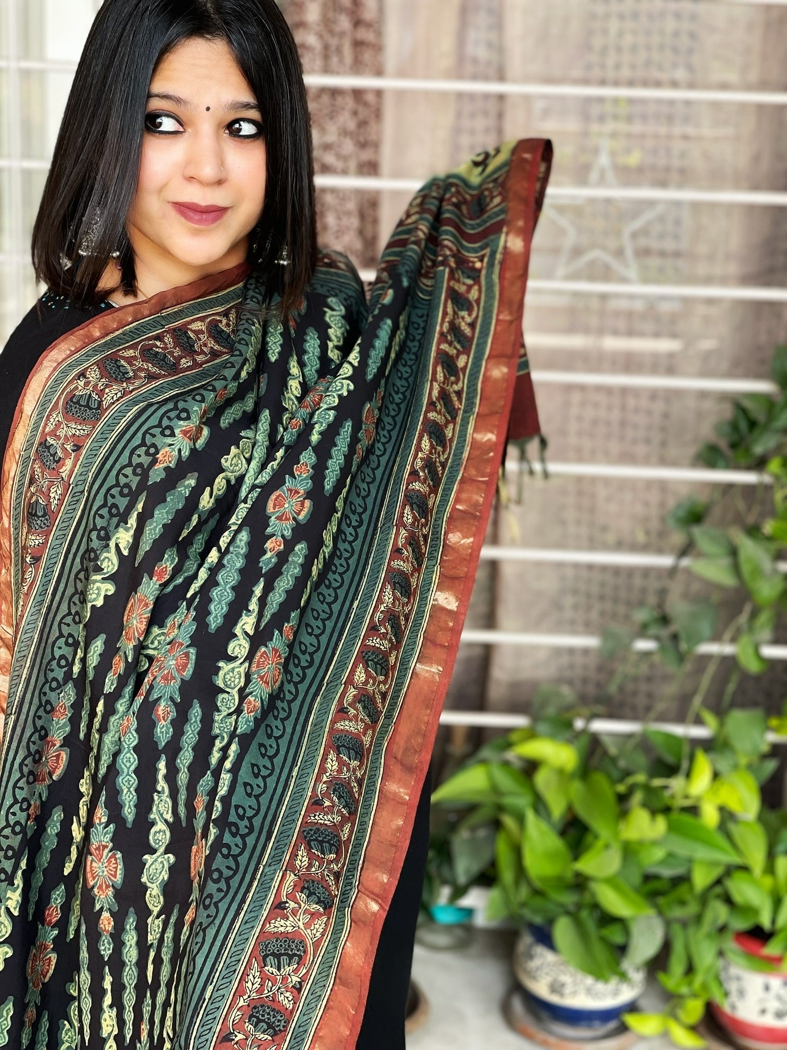 Handpainted & Handblock Printed Chanderi Silk Dupatta - Masakalee