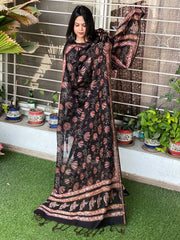 Handpainted & Handblock Printed Chanderi Silk Dupatta - Masakalee