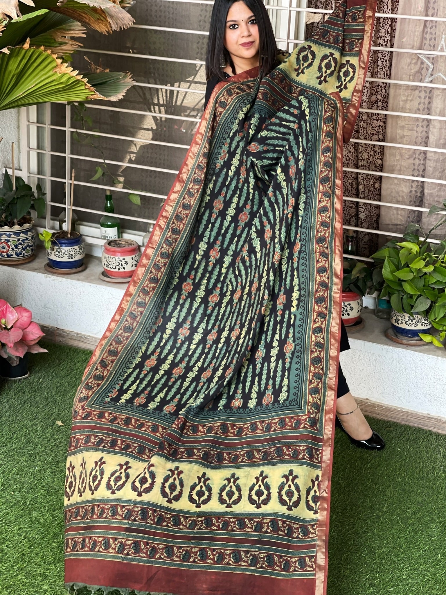 Handpainted & Handblock Printed Chanderi Silk Dupatta - Masakalee