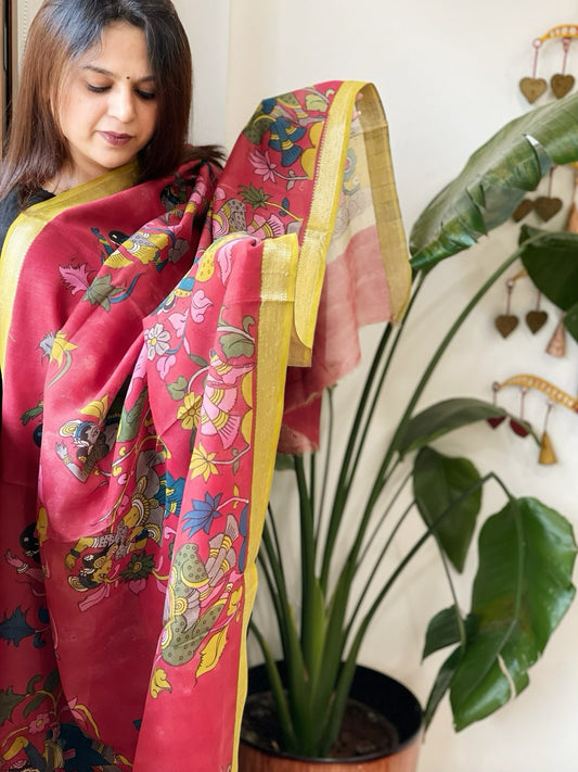 Handpainted Kalamkari Dupatta in Chanderi Silk - Masakalee