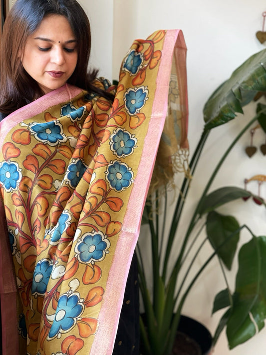 Handpainted Kalamkari Dupatta in Chanderi Silk - Masakalee