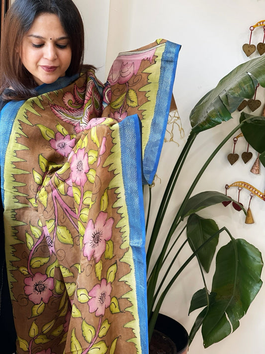 Handpainted Kalamkari Dupatta in Chanderi Silk - Masakalee