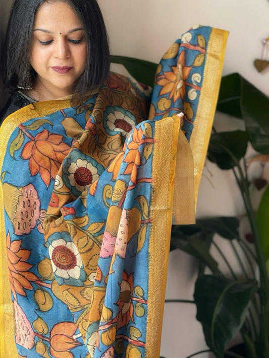 Handpainted Kalamkari Dupatta in Chanderi Silk - Masakalee