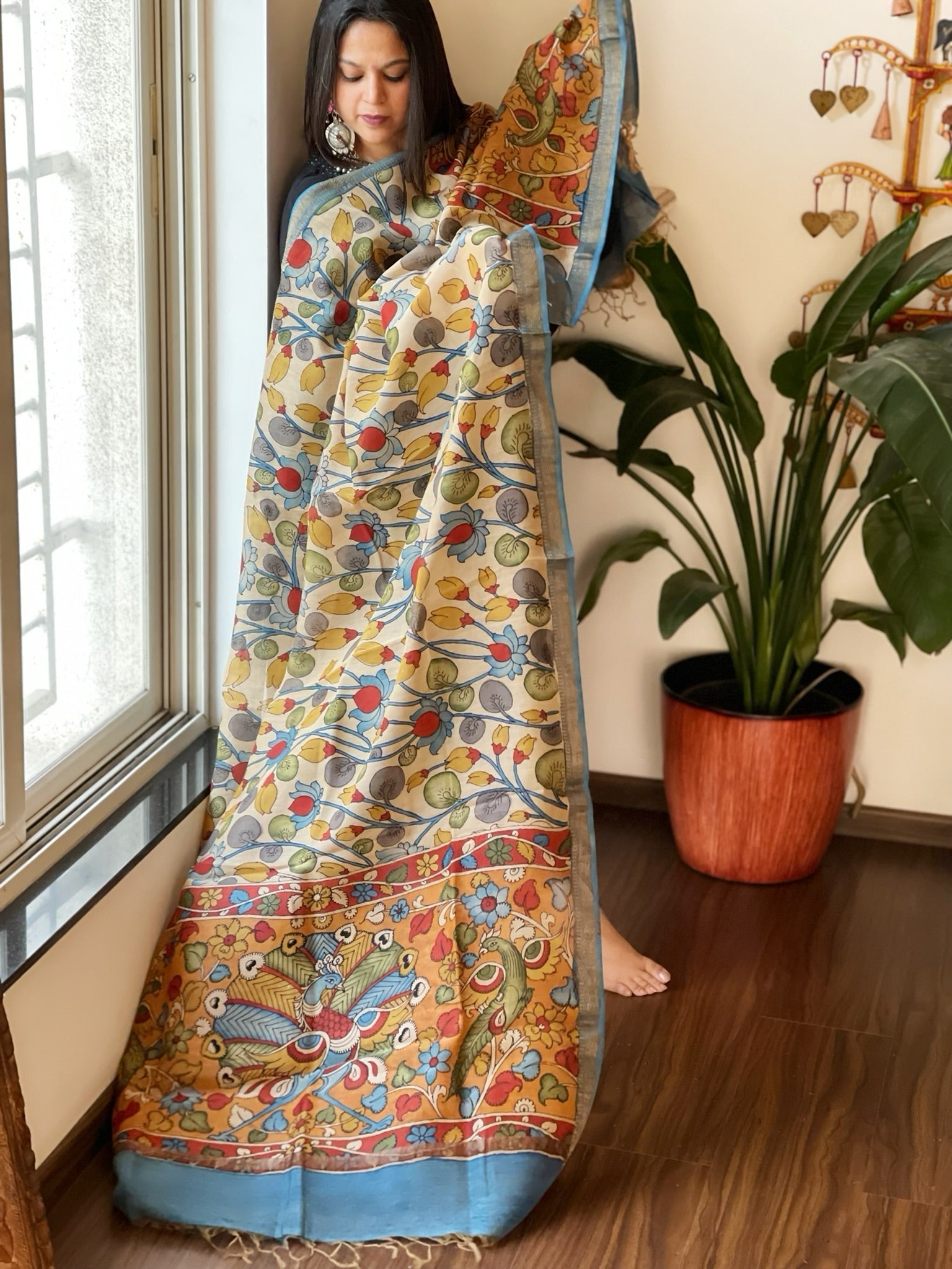 Handpainted Kalamkari Dupatta in Chanderi Silk - Masakalee