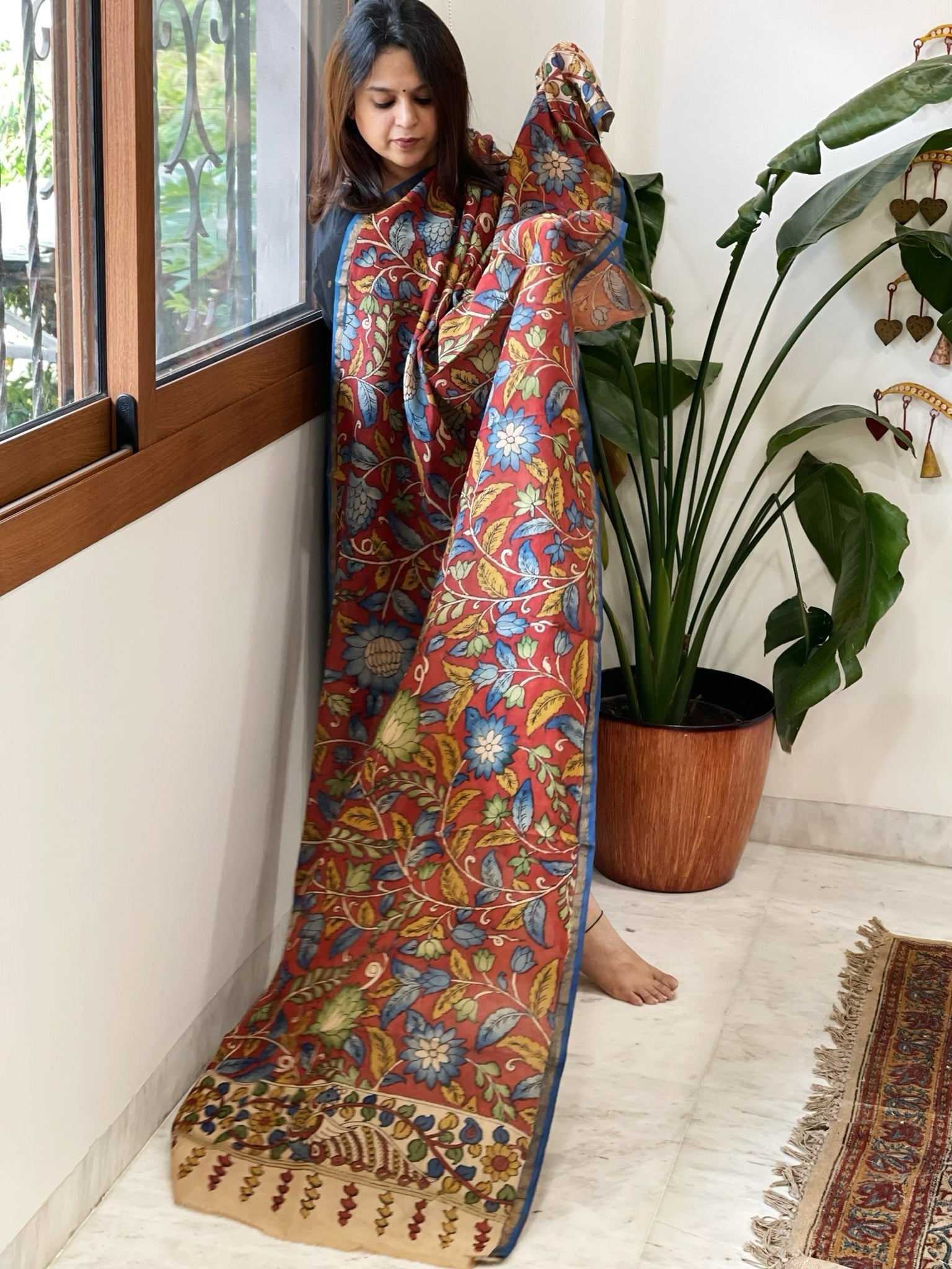 Handpainted Kalamkari Dupatta in Chanderi Silk - Masakalee
