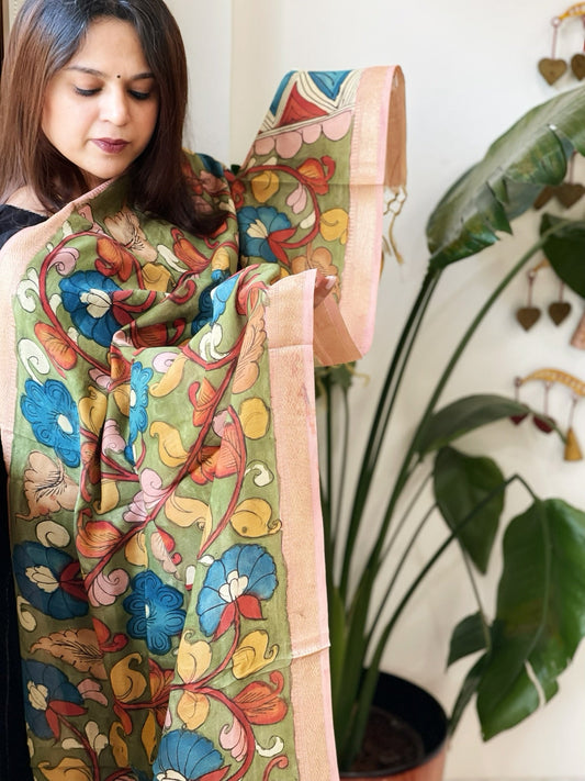 Handpainted Kalamkari Dupatta in Chanderi Silk - Masakalee