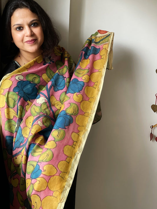 Handpainted Kalamkari Dupatta in Chanderi Silk - Masakalee