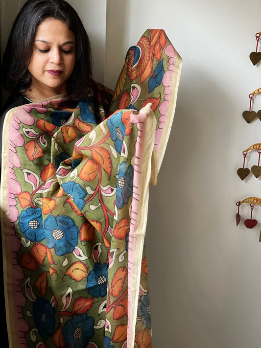 Handpainted Kalamkari Dupatta in Chanderi Silk - Masakalee