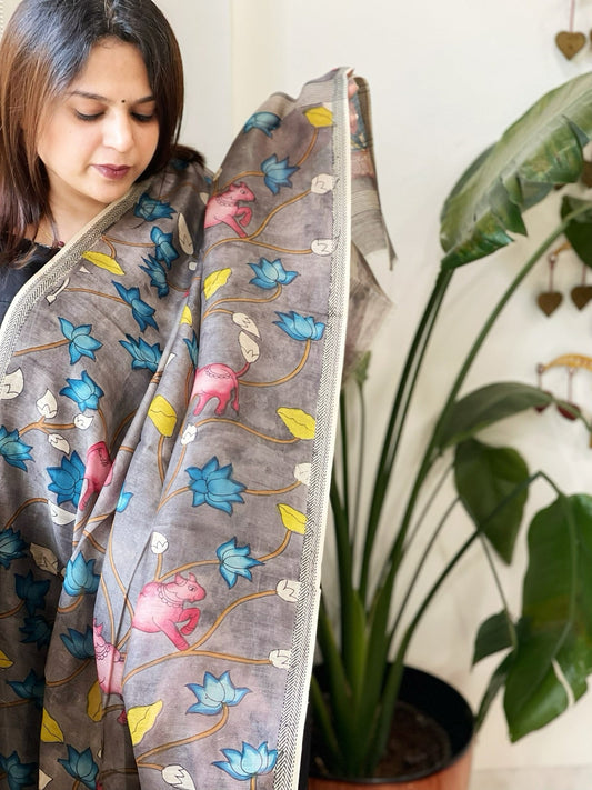 Handpainted Kalamkari Dupatta in Chanderi Silk - Masakalee