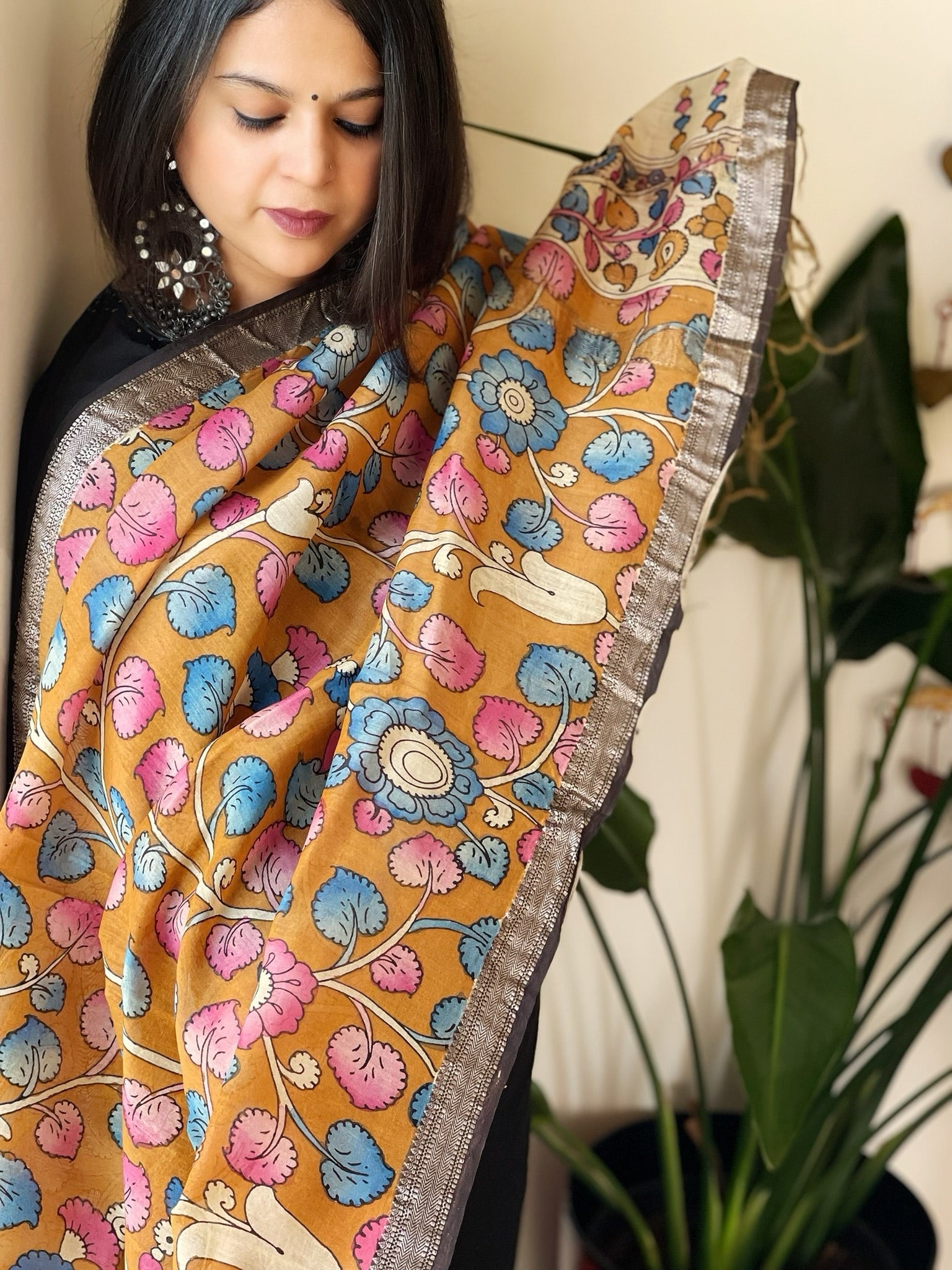 Handpainted Kalamkari Dupatta in Chanderi Silk - Masakalee