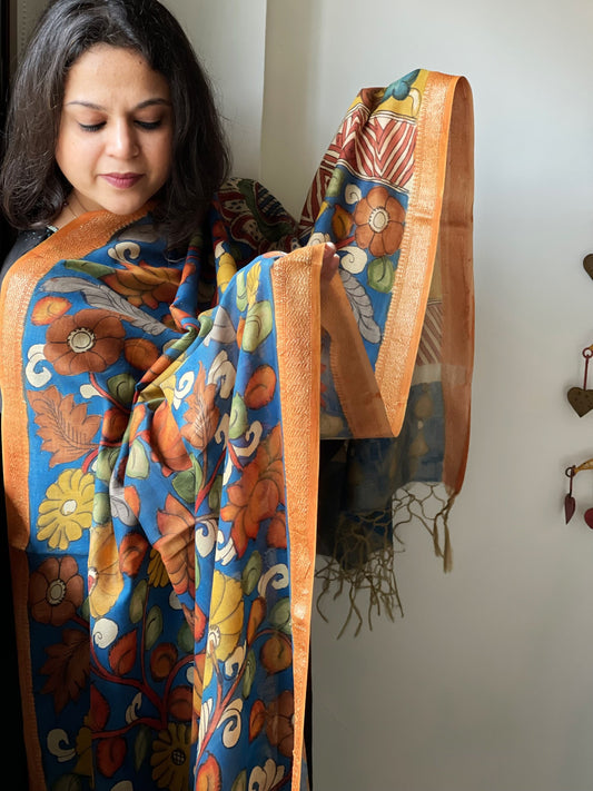 Handpainted Kalamkari Dupatta in Chanderi Silk - Masakalee