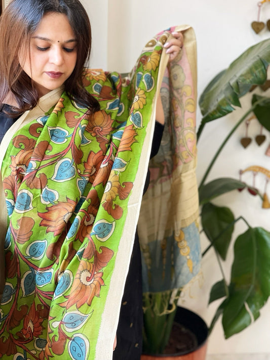 Handpainted Kalamkari Dupatta in Chanderi Silk - Masakalee