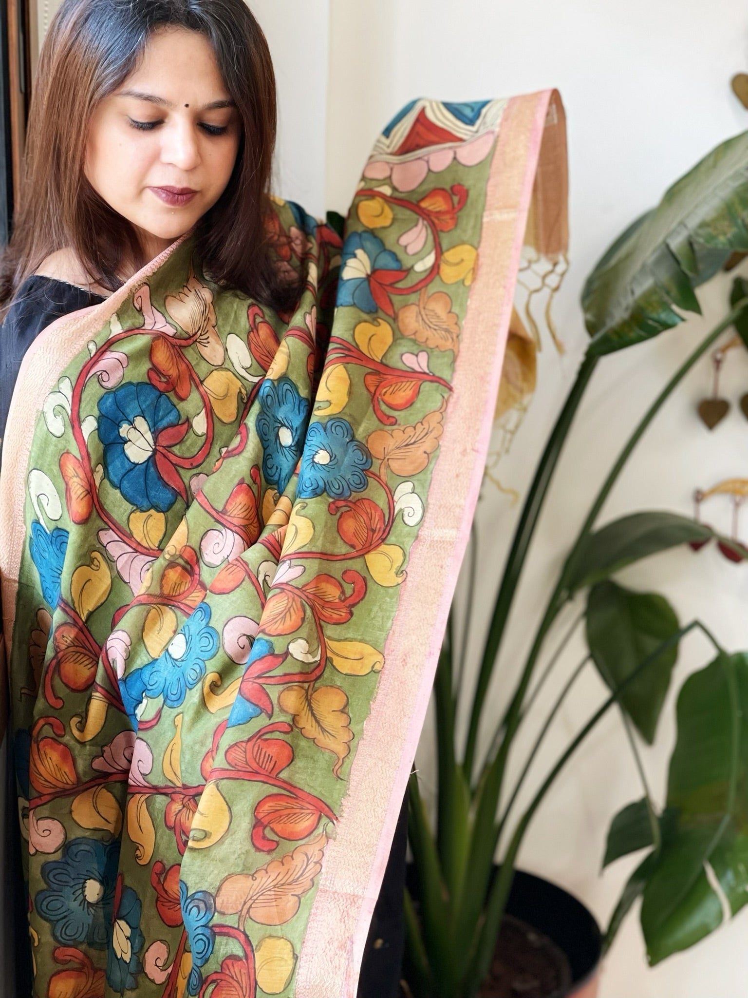 Handpainted Kalamkari Dupatta in Chanderi Silk - Masakalee