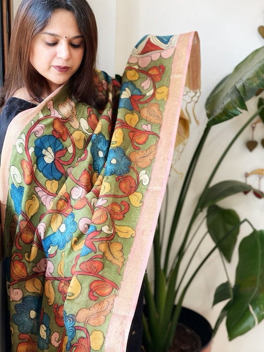 Handpainted Kalamkari Dupatta in Chanderi Silk - Masakalee