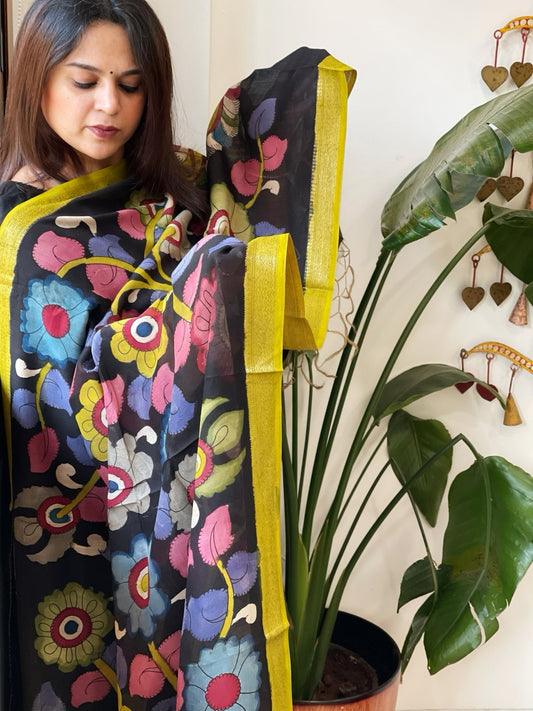 Handpainted Kalamkari Dupatta in Chanderi Silk - Masakalee