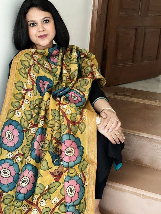 Handpainted Kalamkari Dupatta in Chanderi Silk - Masakalee