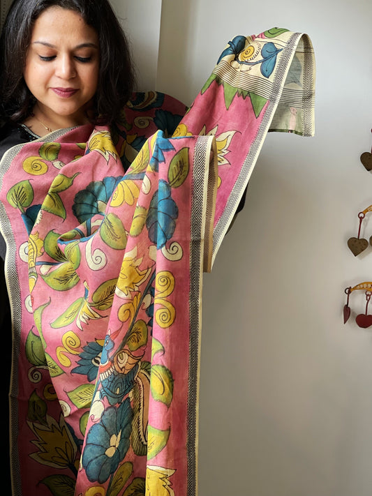 Handpainted Kalamkari Dupatta in Chanderi Silk - Masakalee