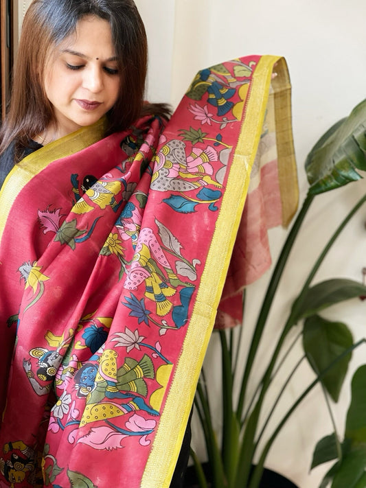 Handpainted Kalamkari Dupatta in Chanderi Silk - Masakalee