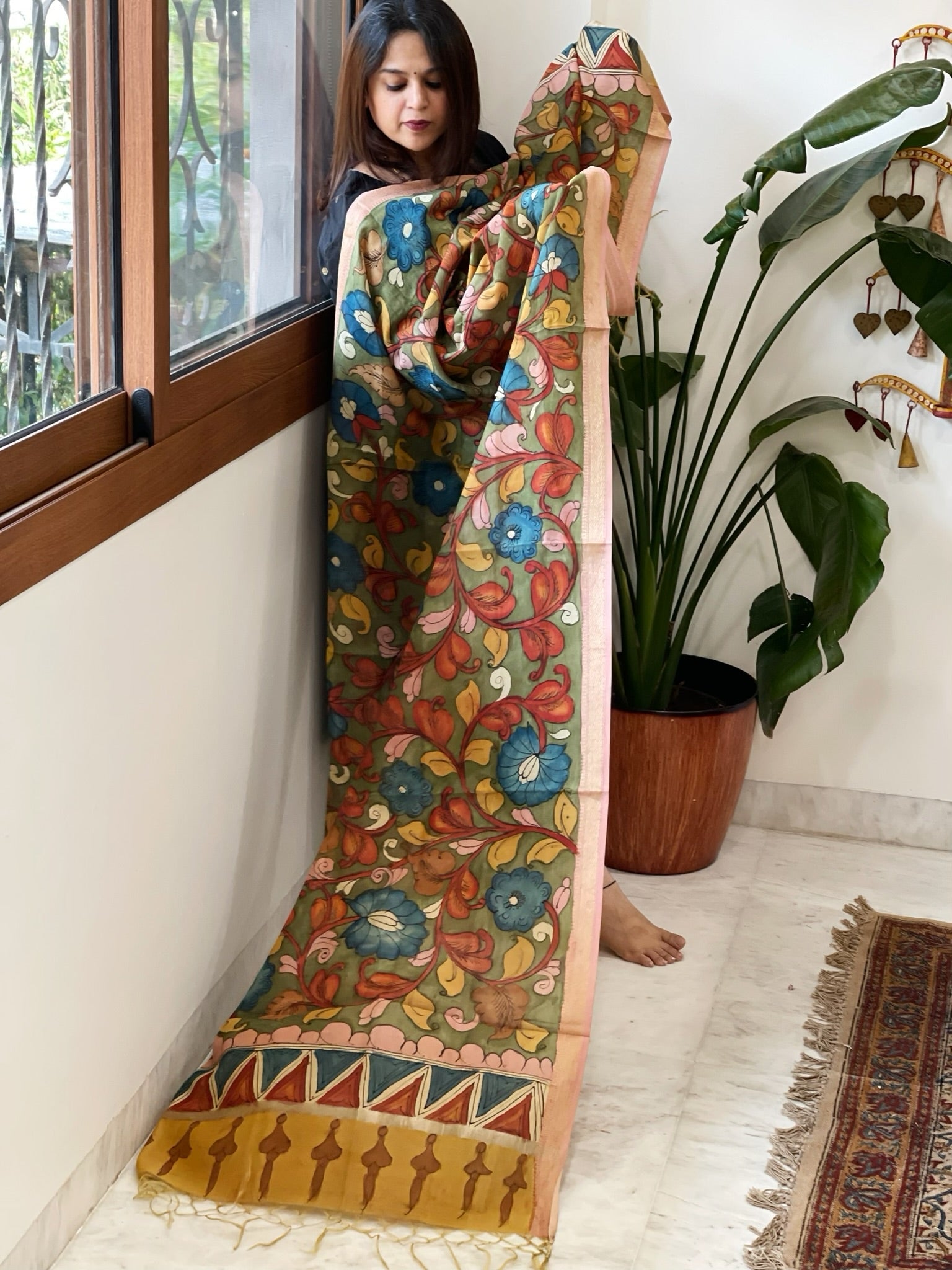 Handpainted Kalamkari Dupatta in Chanderi Silk - Masakalee