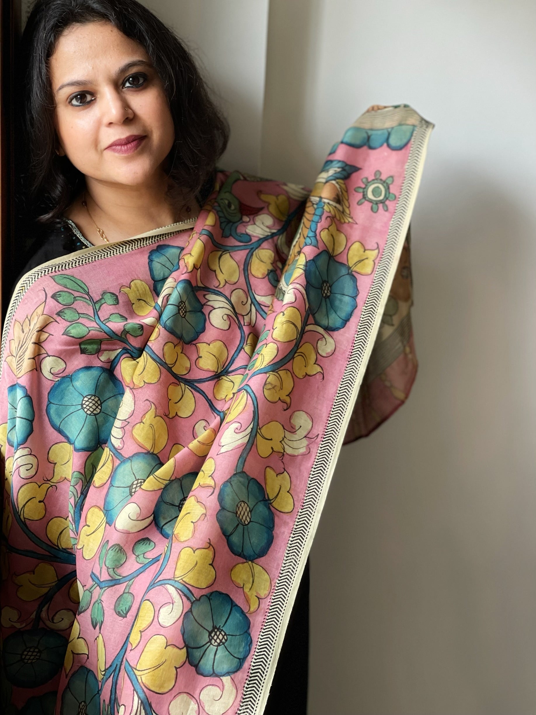 Handpainted Kalamkari Dupatta in Chanderi Silk - Masakalee