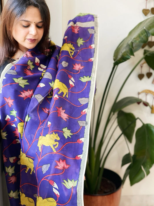 Handpainted Kalamkari Dupatta in Chanderi Silk - Masakalee
