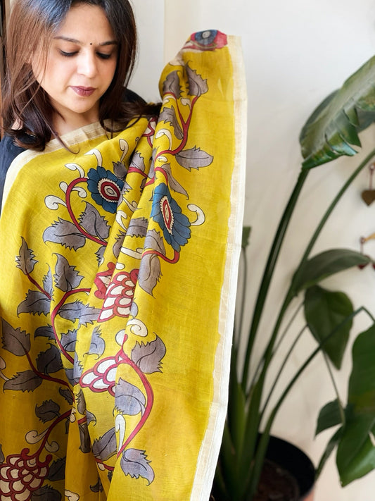 Handpainted Kalamkari Dupatta in Chanderi Silk - Masakalee