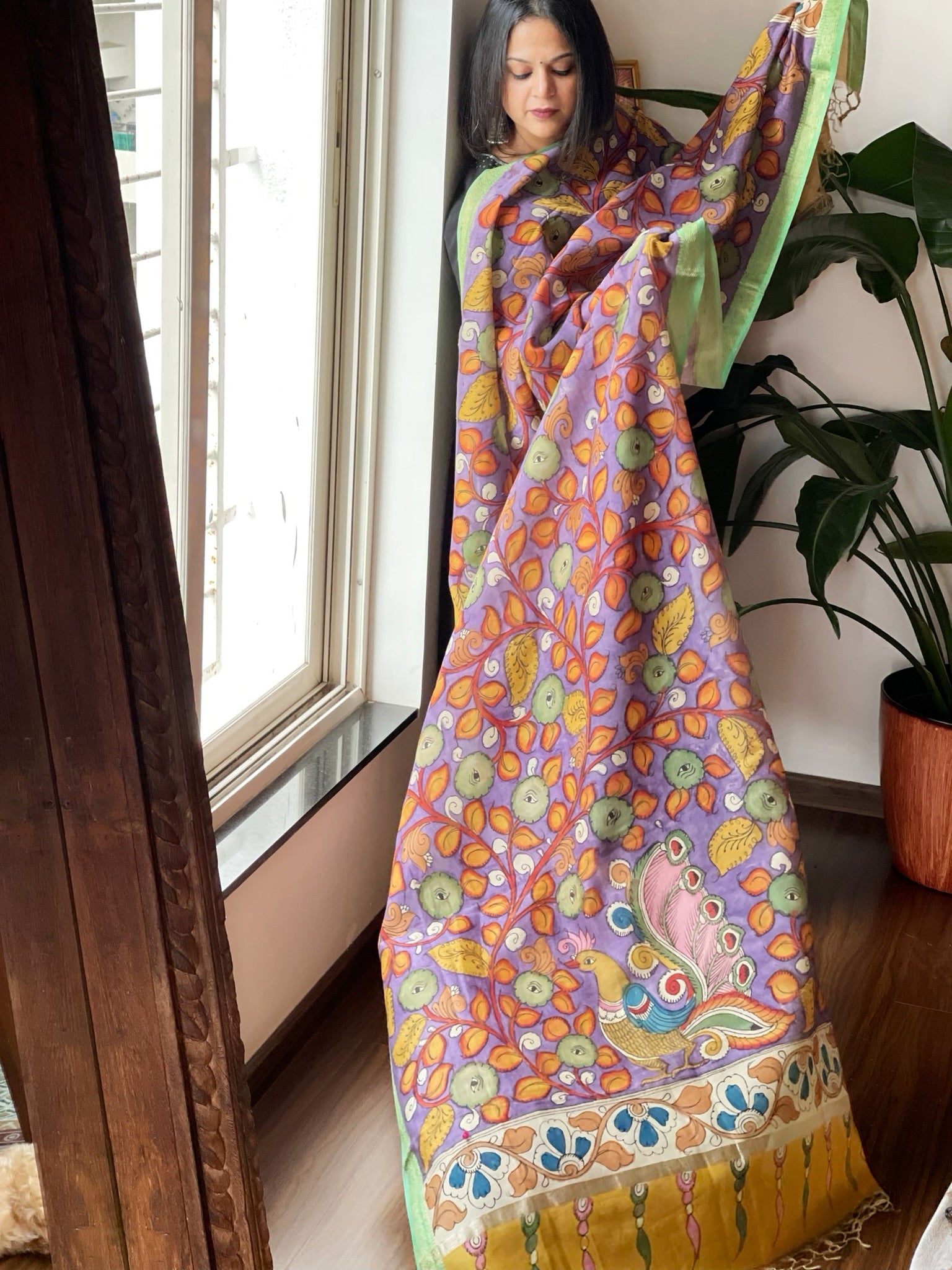 Handpainted Kalamkari Dupatta in Chanderi Silk - Masakalee