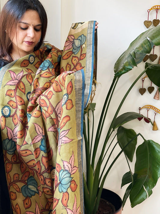 Handpainted Kalamkari Dupatta in Chanderi Silk - Masakalee