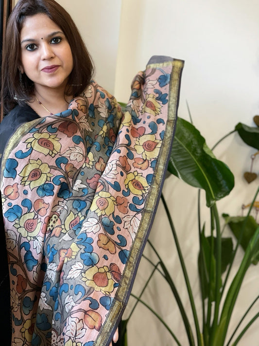 Handpainted Kalamkari Dupatta in Chanderi Silk - Masakalee