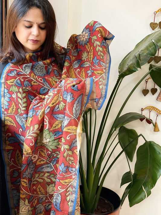 Handpainted Kalamkari Dupatta in Chanderi Silk - Masakalee