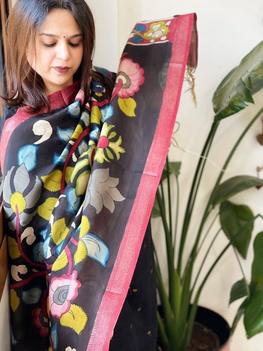 Handpainted Kalamkari Dupatta in Chanderi Silk - Masakalee