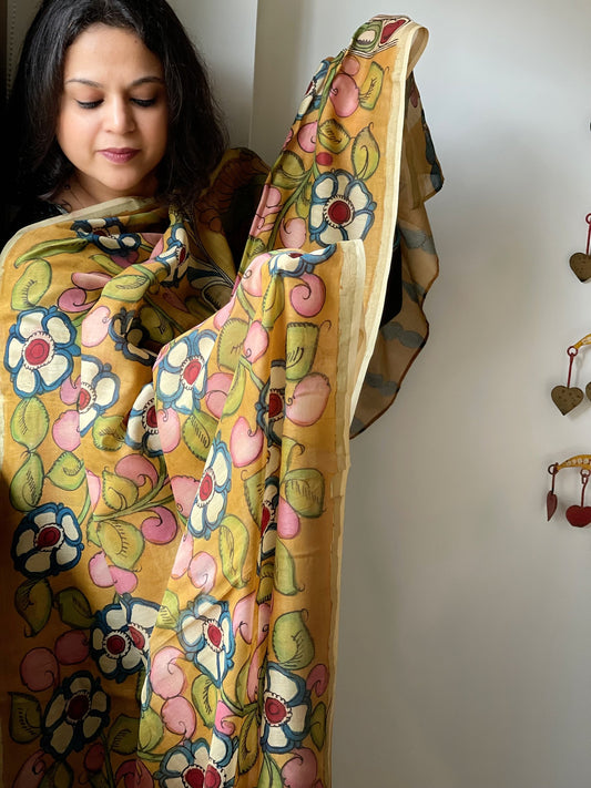 Handpainted Kalamkari Dupatta in Chanderi Silk - Masakalee