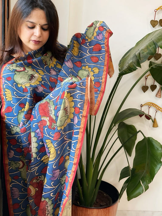 Handpainted Kalamkari Dupatta in Chanderi Silk - Masakalee
