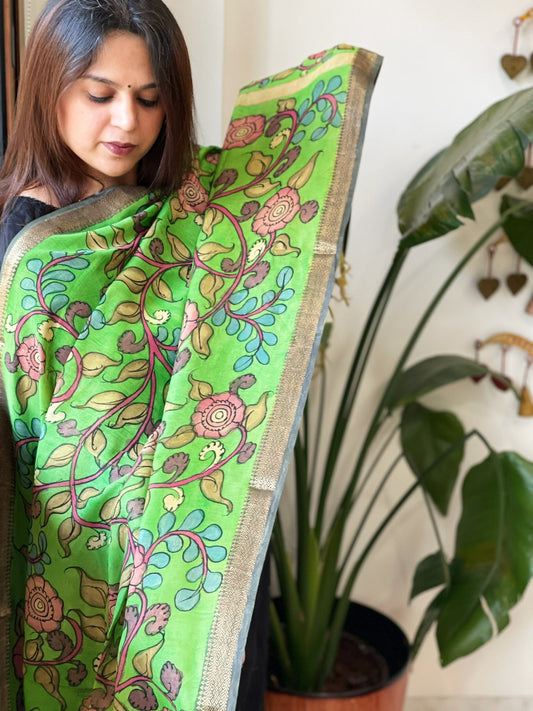 Handpainted Kalamkari Dupatta in Chanderi Silk - Masakalee