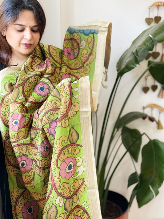 Handpainted Kalamkari Dupatta in Chanderi Silk - Masakalee