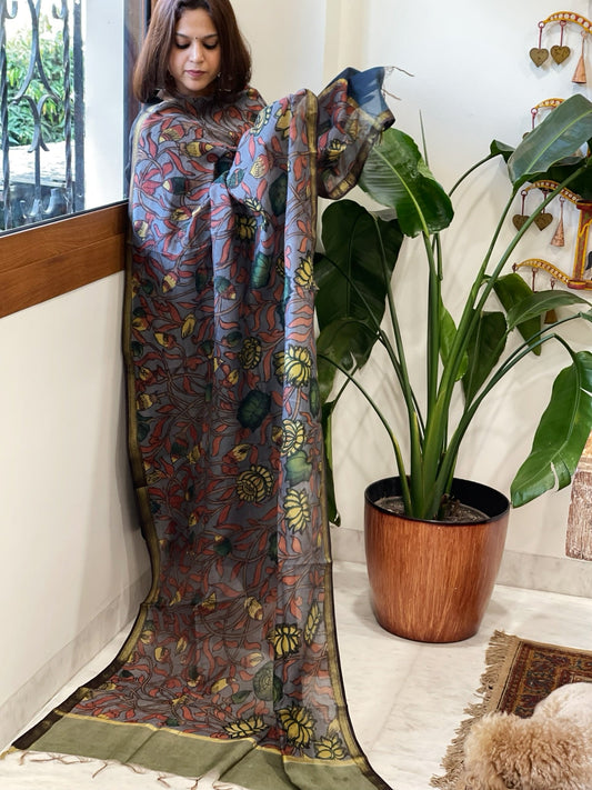 Handpainted Kalamkari Dupatta in Chanderi Silk - Masakalee