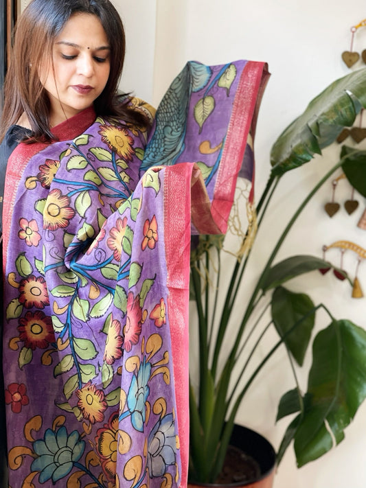 Handpainted Kalamkari Dupatta in Chanderi Silk - Masakalee