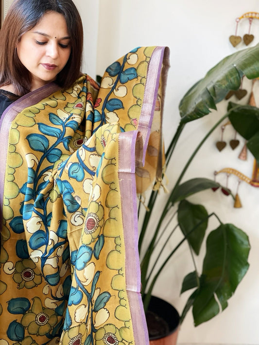 Handpainted Kalamkari Dupatta in Chanderi Silk - Masakalee