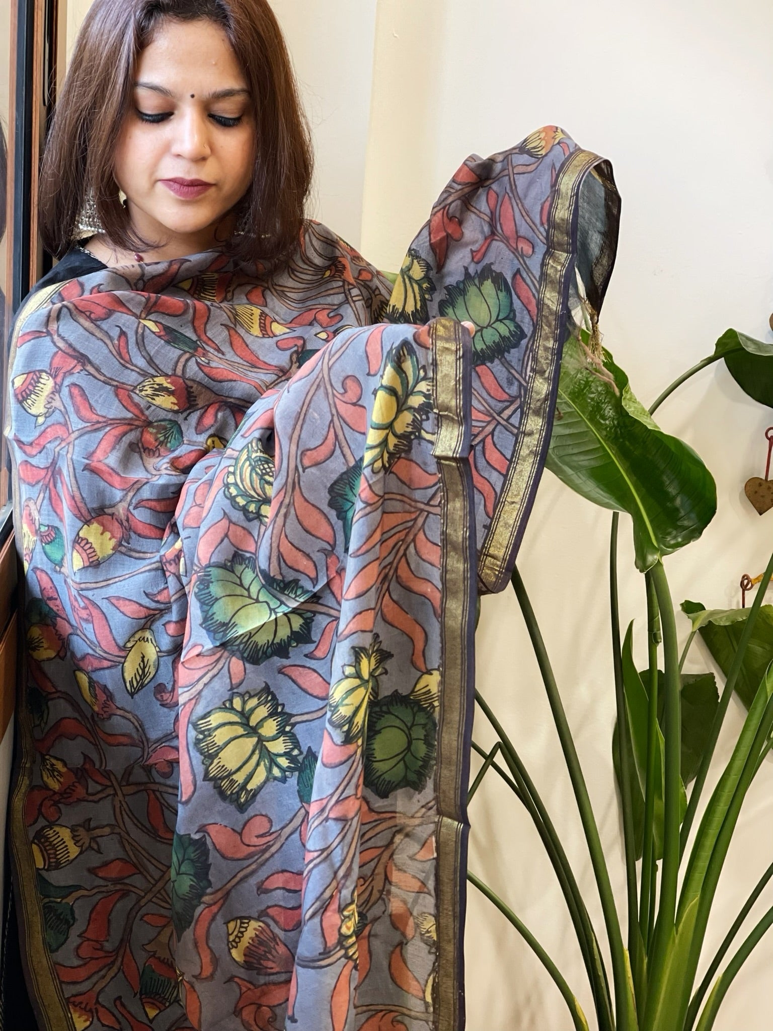 Handpainted Kalamkari Dupatta in Chanderi Silk - Masakalee