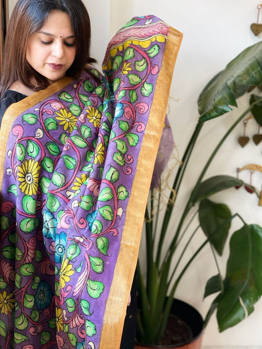Handpainted Kalamkari Dupatta in Chanderi Silk - Masakalee